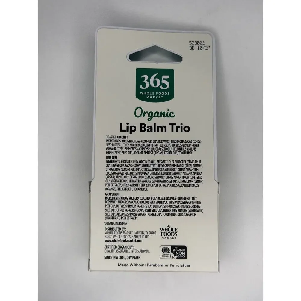Set of 2! 365 Whole Foods Market Organic Lip Balm 3 Pack Coconut Lime Grapefruit